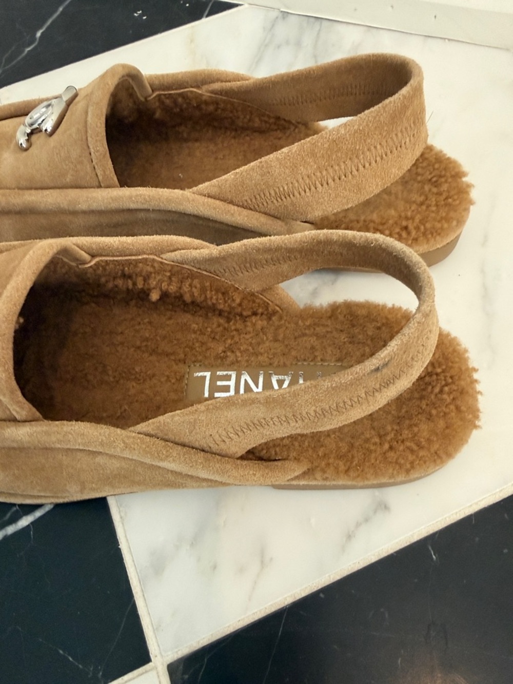 CHANEL Tan Suede Loafers with Silver CC Hardware - Picture 5 of 5